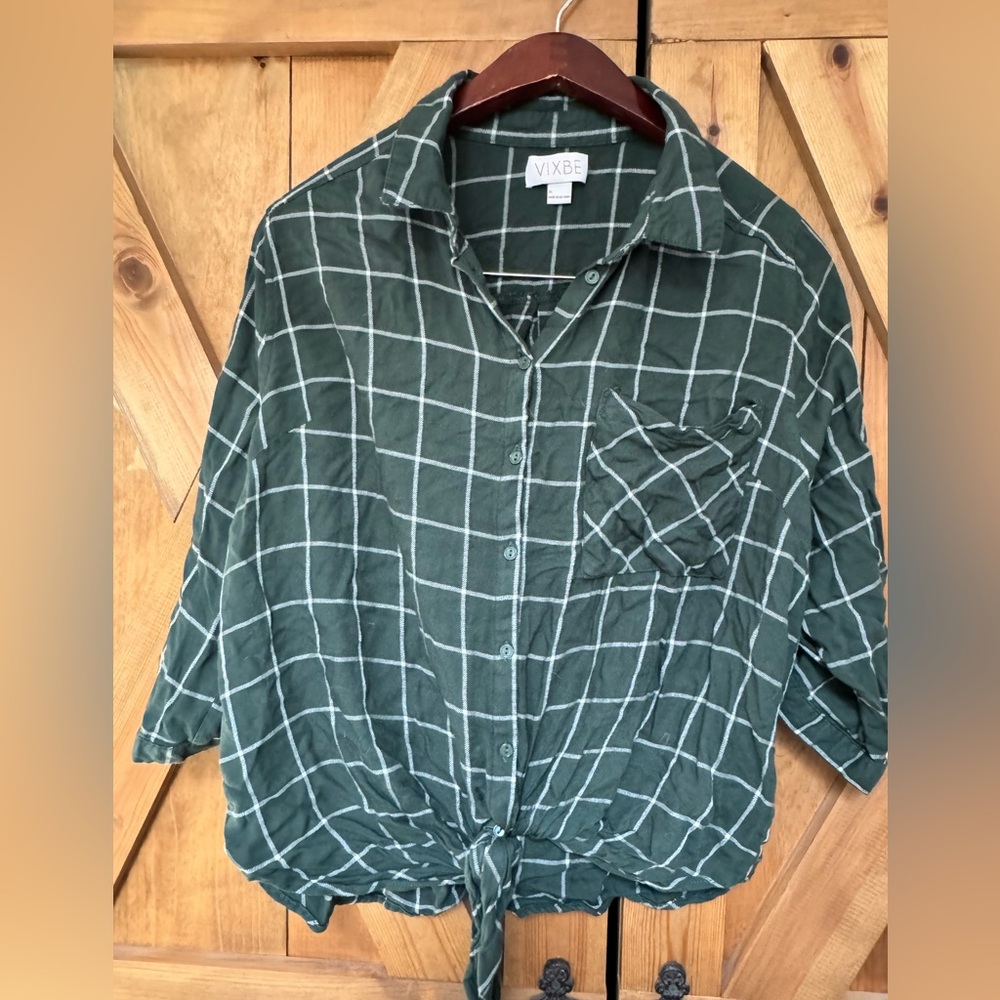 Forest green button and tie blouse
